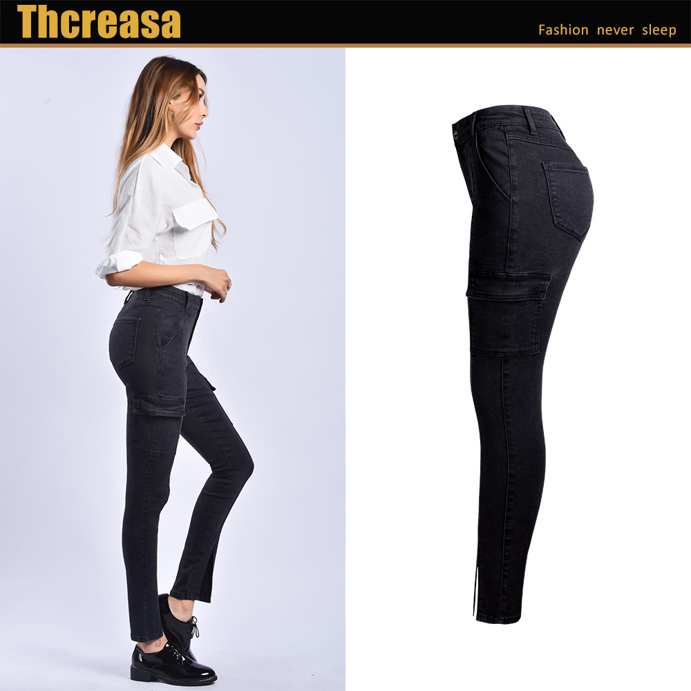 European and American Women's Clothing Jeans Women's Front Leg Split High Waist Black Cropped Pants Split Skinny Jeans