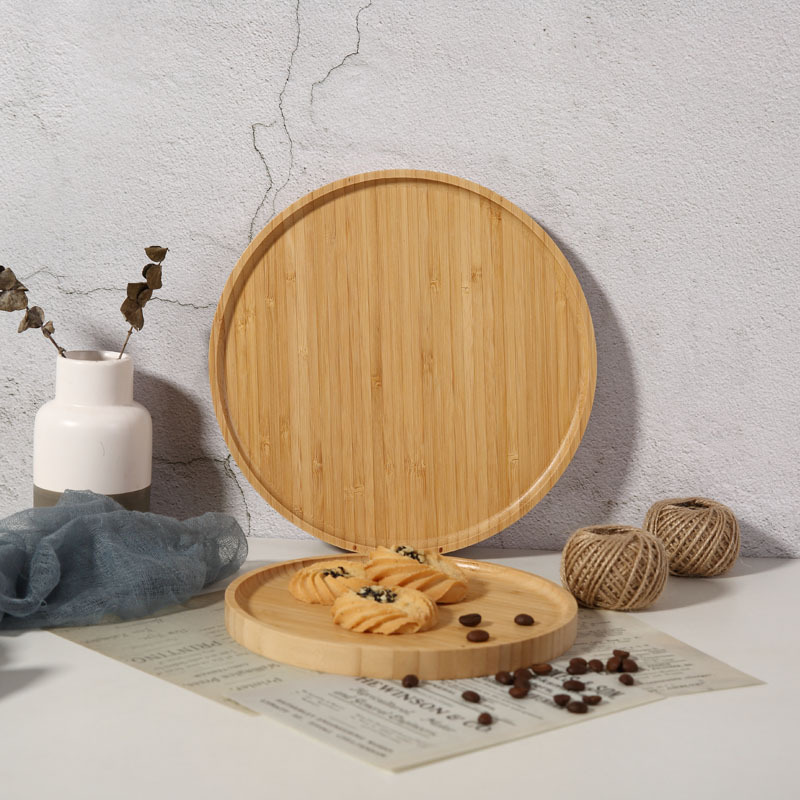 Bamboo Tea Tray Bamboo Tray Household Tray Rectangular Wood Dish Hotel Tea Cake Tray round Grid Bamboo Tray