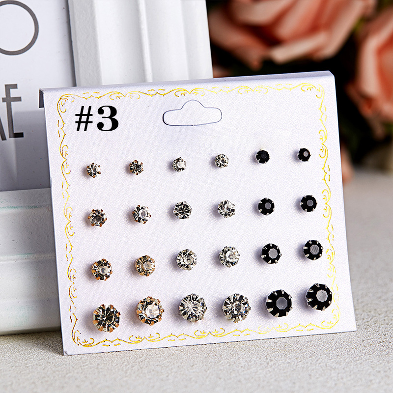Korean Style Fashion Earings Set 12 Pairs round Jewelry Zircon Card Stud Earrings Mixed Color All-Match Imitation Pearl Earrings