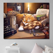 填充数字油画diy填色手绘客厅风景亚麻画布批发一件代发6168 睡猫