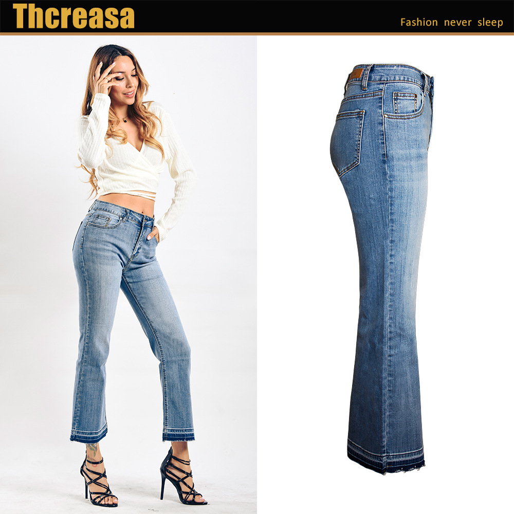 Europe and America Cross Border Women's Washed Elastic Jeans Women's Loose Wide Leg Cropped Pants in Stock Bootleg Pants Women's