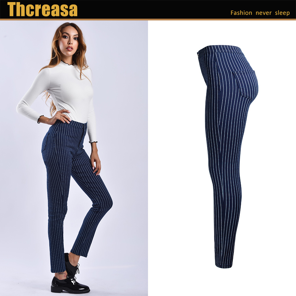 2019 Jeans New Spring Striped High-Waisted Trousers Women's Trousers AliExpress European and American Women's Clothing Pencil Pants