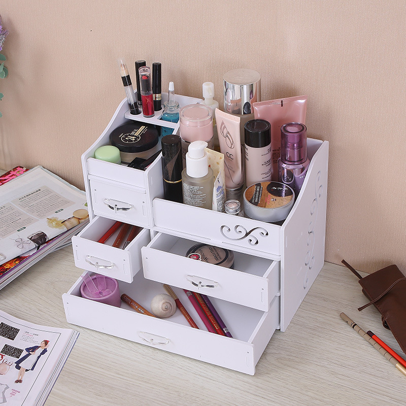 简约4抽屉式带花边收纳盒 办公室桌面带分格整理梳妆台置物架批发