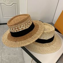 三折带草帽夏季爆款平顶草帽法式撞色太阳帽网红款帽子出游遮阳帽
