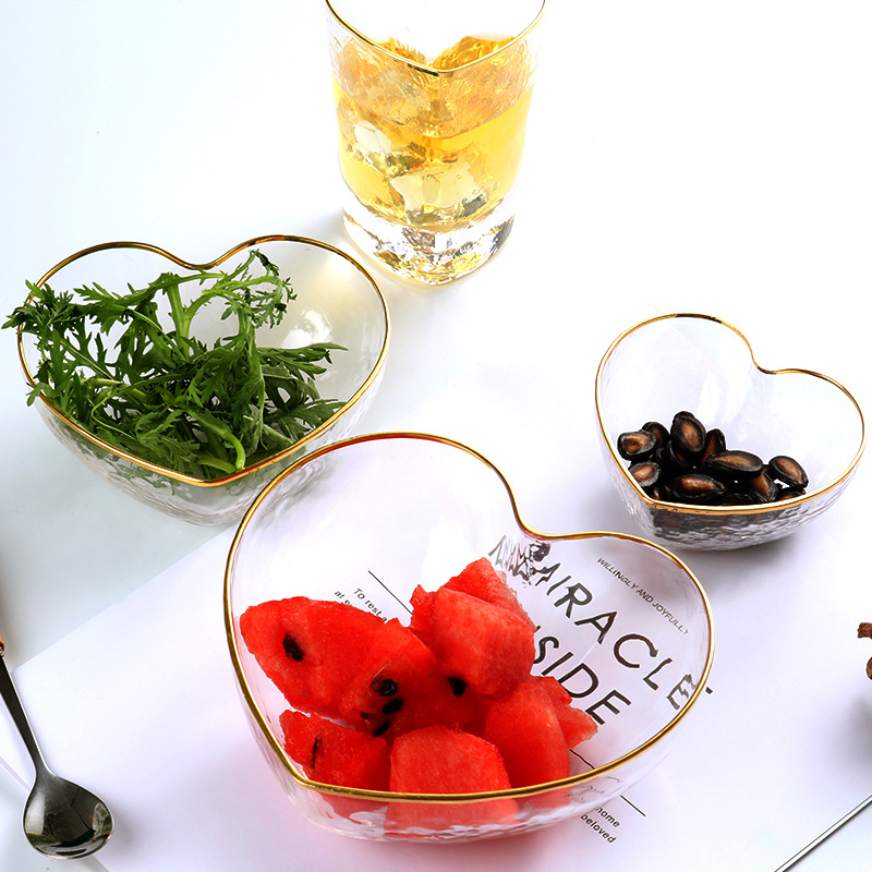 创意日式金边玻璃碗家用透明桃心形碗水果蔬菜沙拉碗玻璃餐具批发