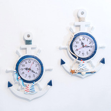 地中海风格蓝白船舵舵手船锚创意个性挂钟钟表电子表装饰航海时钟