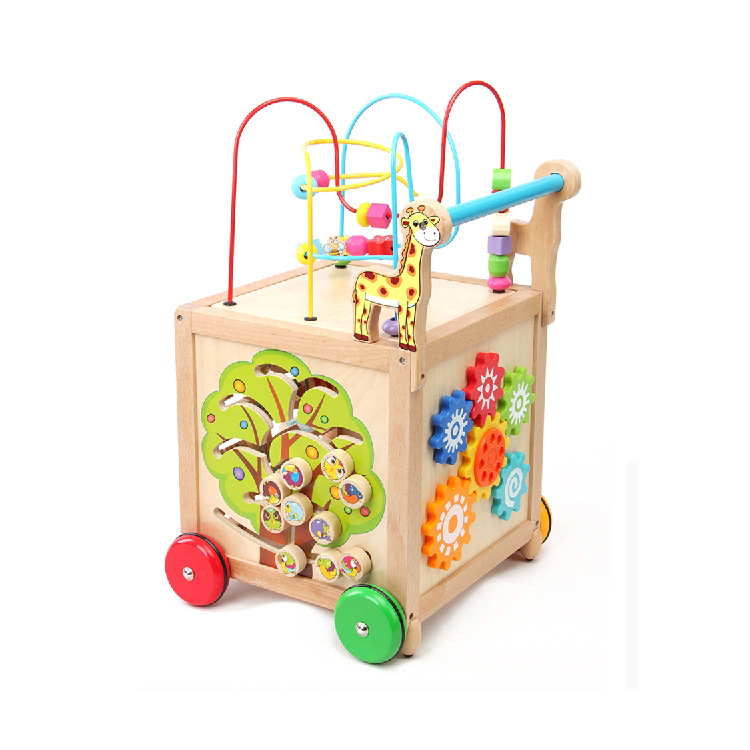 木制学步手推车多功能四面大绕珠婴儿儿童益智玩具