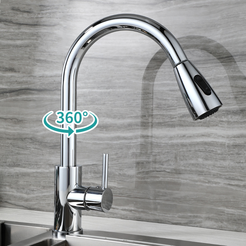 Faao Bathroom 304 Stainless Steel Pull-out Kitchen Faucet Double Water Hot and Cold Sink Faucet Water Tap