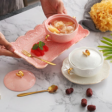 欧式金蝴蝶浮雕花朵双耳碗带盖甜品糖水碗汤盅早餐燕窝碗内盒包装