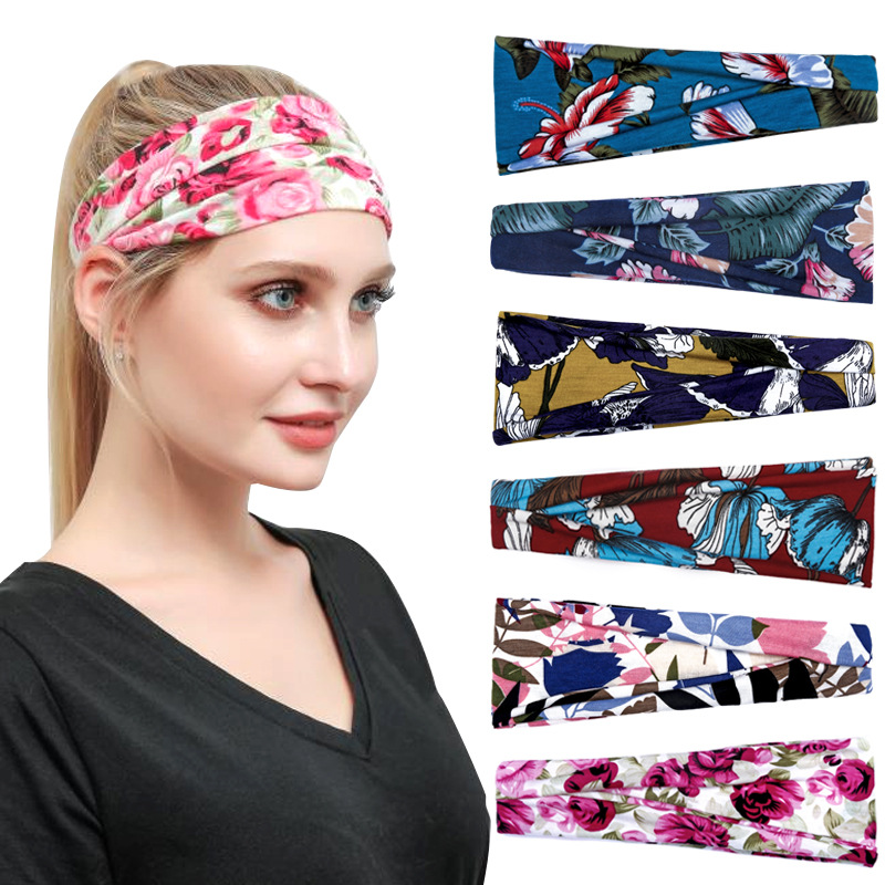 European and American New Printed Sports Headband Yoga Hair Band Hair Band Sweat-Absorbent Band Antiperspirant Women's Wide-Brimmed Headscarf Headdress