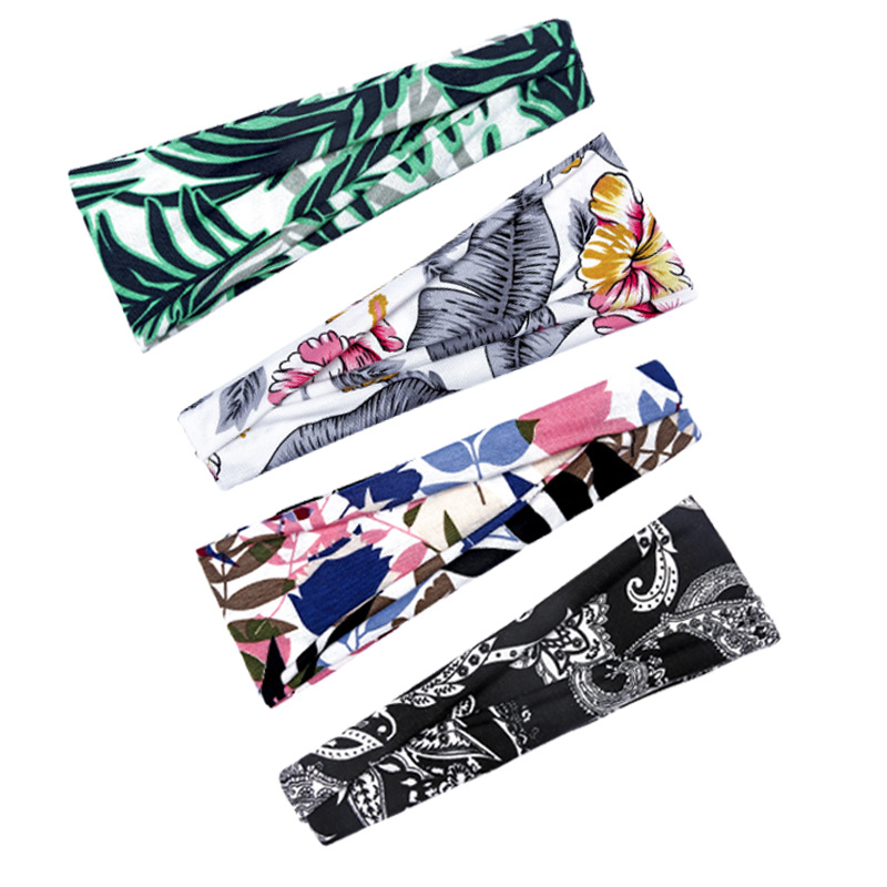 European and American New Printed Sports Headband Yoga Hair Band Hair Band Sweat-Absorbent Band Antiperspirant Women's Wide-Brimmed Headscarf Headdress