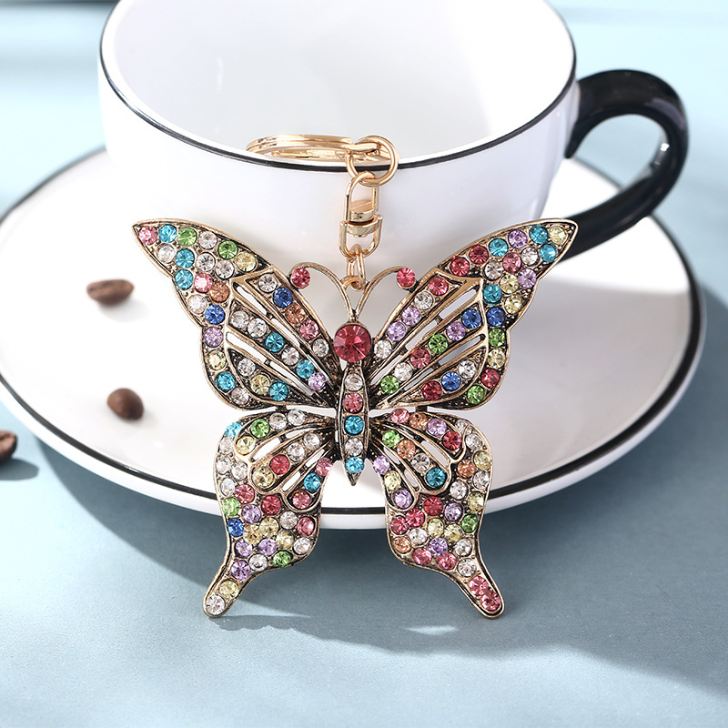 Cross-Border Color Diamond Studded Hollow Butterfly Metal European and American Keychain Pendant Little Creative Gifts Handbag Pendant in Stock
