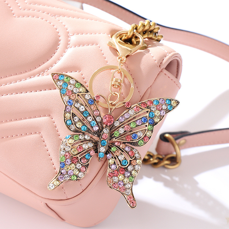 Cross-Border Color Diamond Studded Hollow Butterfly Metal European and American Keychain Pendant Little Creative Gifts Handbag Pendant in Stock