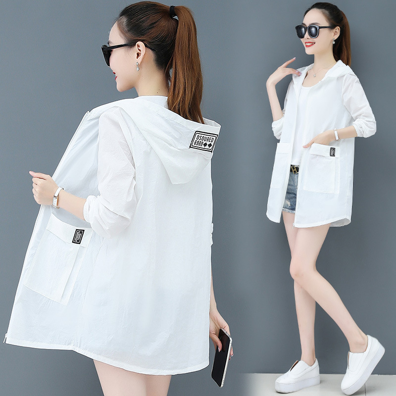 2023 korean style solid color sun protection clothing women‘s spring and summer mid-length loose casual breathable hood thin sun-protection shirt coat
