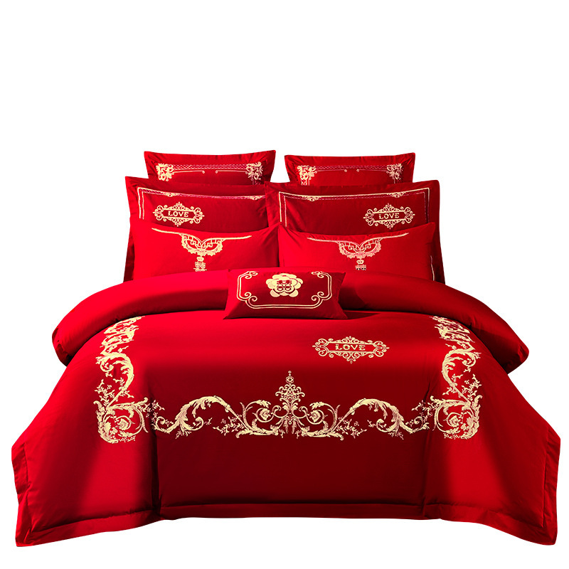 Red Embroidered Wedding High-End Four-Piece Cotton Quilt Cover Bed Sheet Cotton Wedding Match Sets Wedding Makeup Festive