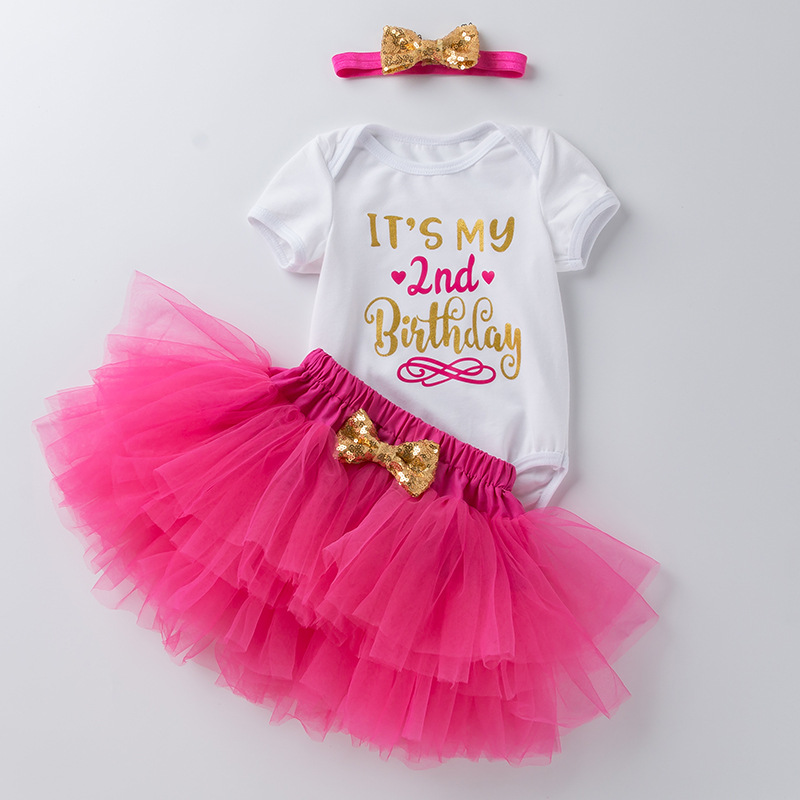 跨境现货批发欧美童装婴儿周岁生日服卡通哈衣粉色玫红公主裙套装