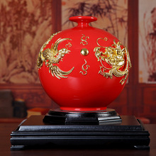 中国红 漆线雕新婚礼物陶瓷摆件龙凤吉祥送礼礼品手工工艺品创意
