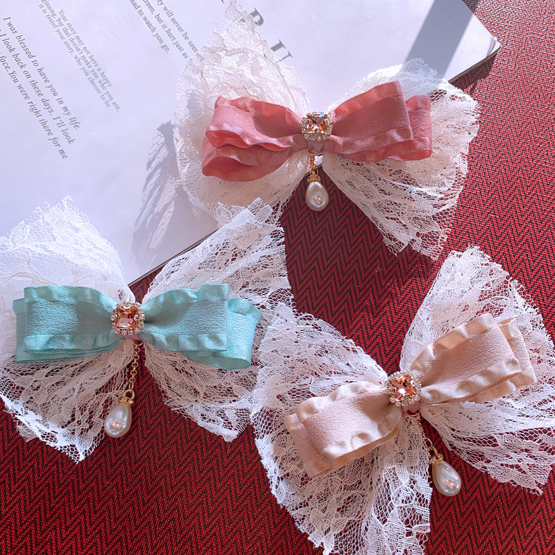 韩版儿童发卡公主气质网纱蝴蝶结头饰女童珍珠吊坠发夹宝宝边夹新