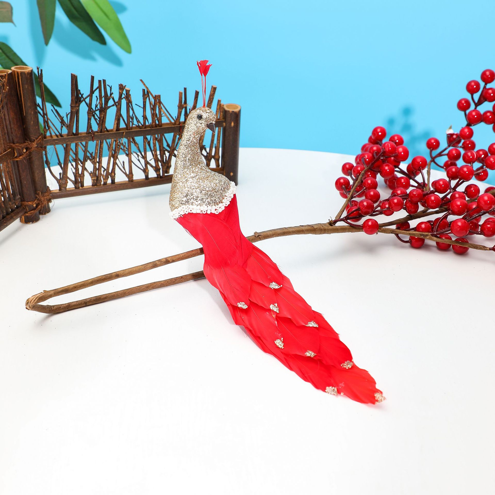 跨境货源 25cm羽毛孔雀 工艺品仿生园林森系装饰摄影道具摆件