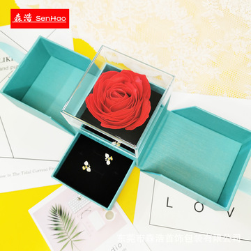 新款蓝色双开门礼盒玫瑰花首饰盒永生花饰品盒项链戒指包装盒