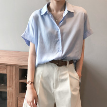 言双天丝亚麻短袖衬衫女2023夏季新款韩版纯色上衣翻领衬衣女0912