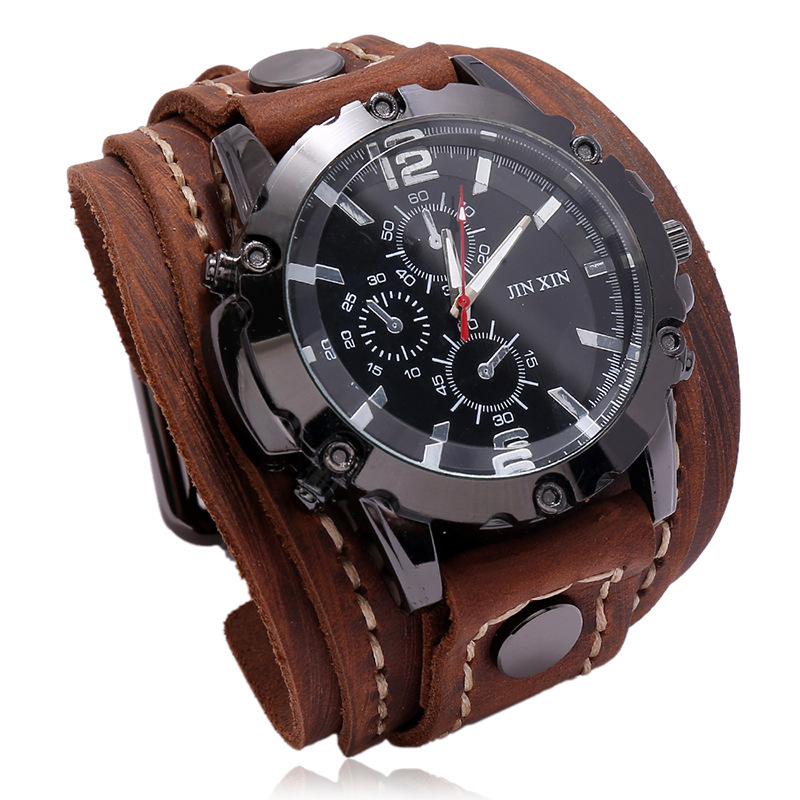 Punk New Jewelry Vintage Handmade Stitching Cowhide Watch European and American Cross-Border Supply Exaggerated Men's Leather Bracelet