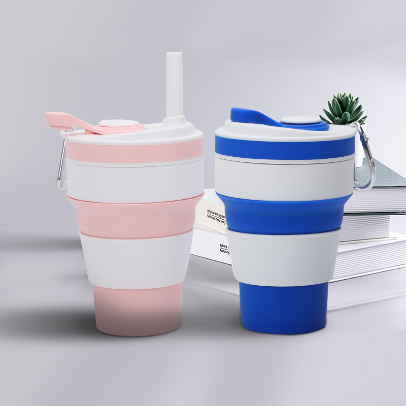 亚马逊热卖户外旅行硅胶折叠咖啡杯运动便携硅胶水杯吸管创意礼品