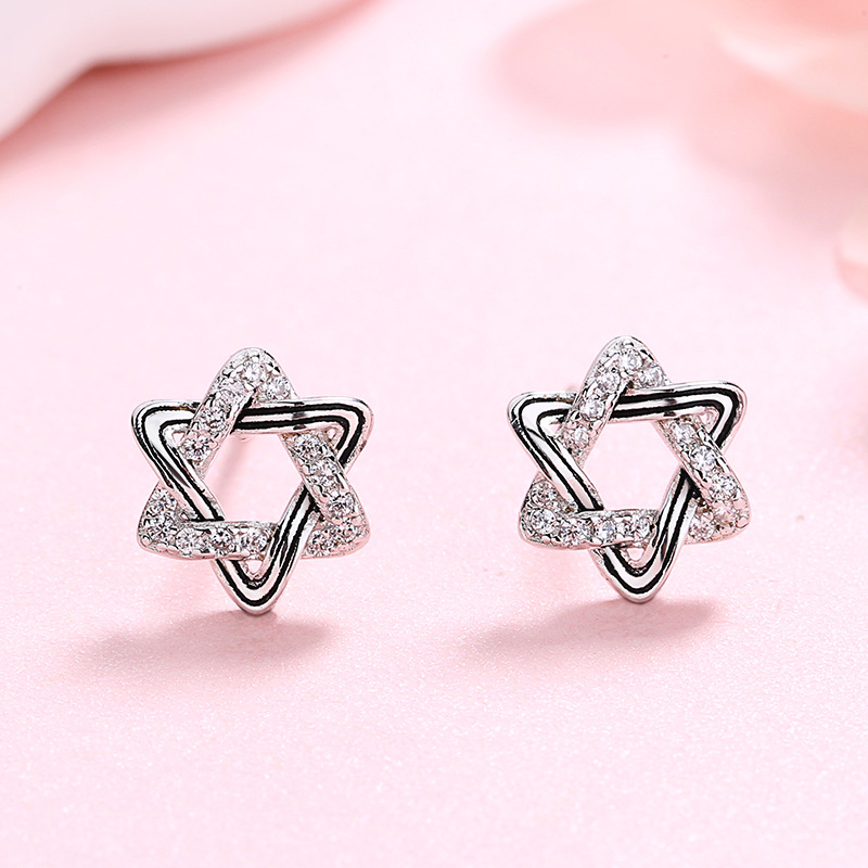 新款六芒星耳钉饰品纯银日韩版简约ins冷淡风复古百搭星星耳饰女