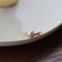 日本进口Akoya天然海水珍珠戒指女正圆强光18K黄金镶真钻V形戒指