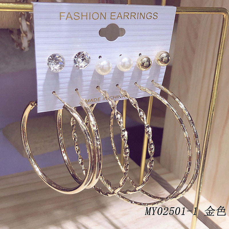 European and American Exaggerated Jewelry Cross-Border Fashion All-Match 6 Pairs C- Shaped Big Ear Ring Stud Earrings Combination Set Personalized Earrings Wholesale