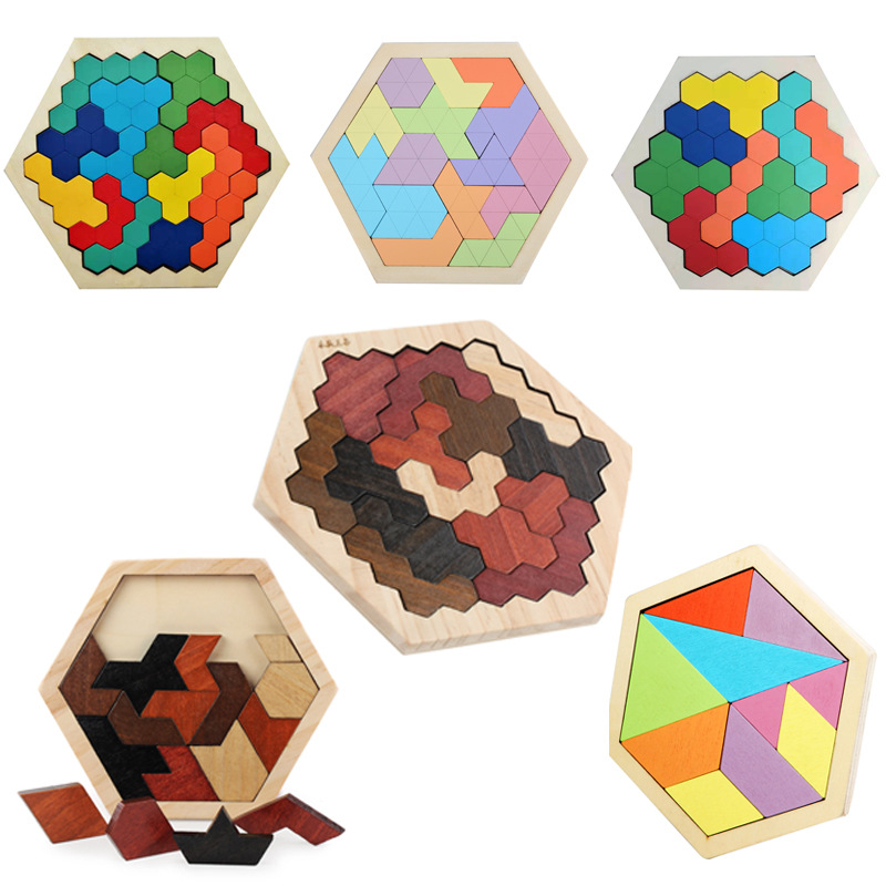 地摊木质六边形几何形状智力拼图拼版儿童早教益智玩具七巧板积木