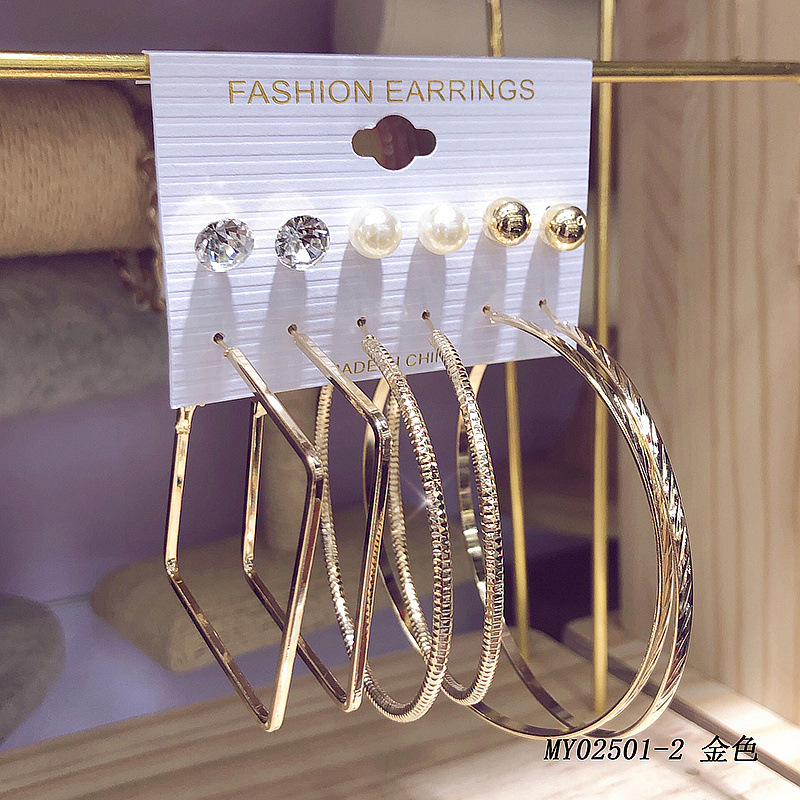 European and American Exaggerated Jewelry Cross-Border Fashion All-Match 6 Pairs C- Shaped Big Ear Ring Stud Earrings Combination Set Personalized Earrings Wholesale
