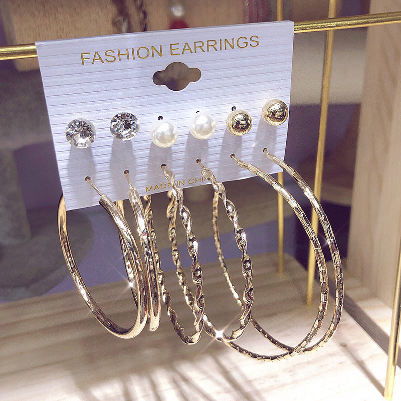 European and American Exaggerated Jewelry Cross-Border Fashion All-Match 6 Pairs C- Shaped Big Ear Ring Stud Earrings Combination Set Personalized Earrings Wholesale