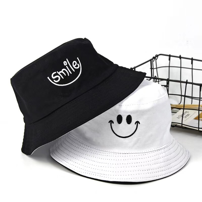 summer korean style reversible wear smiley face pattern big brim fisherman hat female color matching sun hat female sun protection bucket hat tide spring
