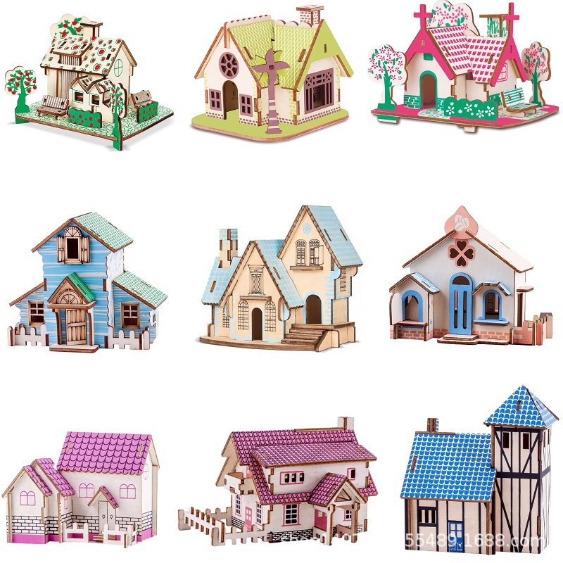 批发木质立体拼图创意木屋建筑拼装模型儿童益智木制玩具地摊批发