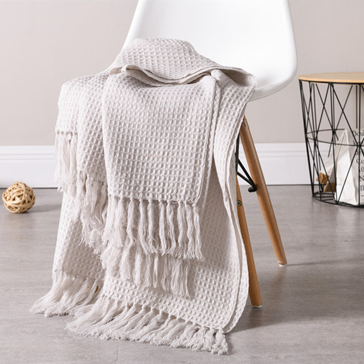 Sofa Blanket Blanket Nordic Solid Color Waffle Knitted Blanket Embossed Tassel Office Air Conditioning Nap Blanket