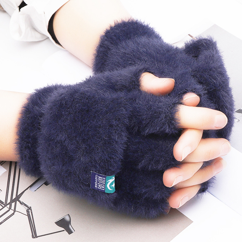 Plush Gloves Female Winter Warm Student Exposed Finger Flip Gloves Outdoor Gloves Thickened Cold Protection Internet Hot