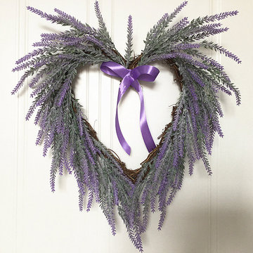 新植毛薰衣草壁挂心形花环花圈家居墙饰婚庆门楣花情人节挂饰跨境