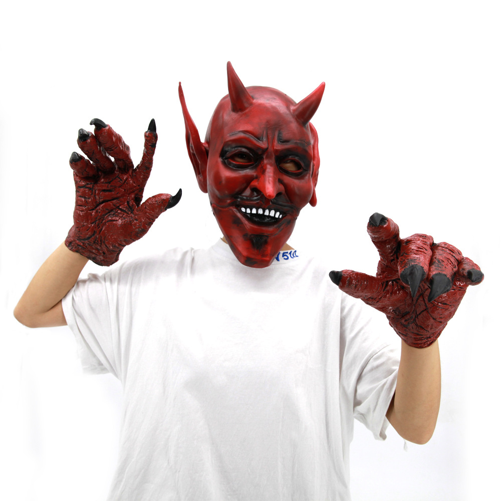 万圣节恐怖红色牛魔王面具cosplay化妆舞会道具套装 乳胶手套批发