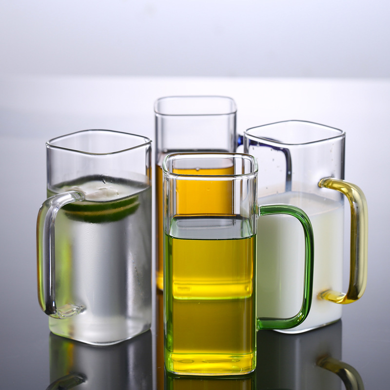 Square Glass Cup with Color Handle Milk Juice Cup Transparent Simple Household Cup Borosilicate Glass Water Cup