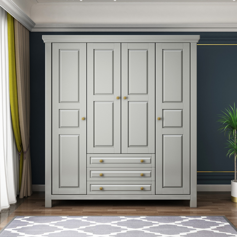 美式轻奢实木衣柜白色乡村欧式四门衣柜卧室带抽屉大容量储物衣橱