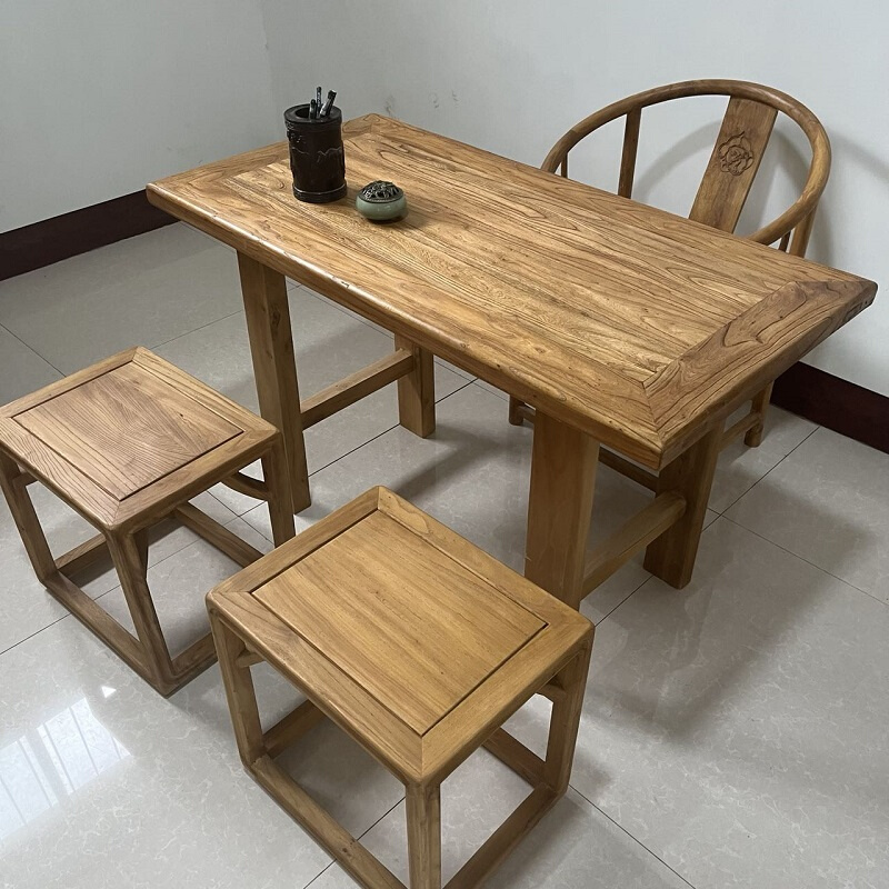 老榆木茶桌实木吧台旧木桌中式做旧复古茶台原木餐桌椅民俗老门板