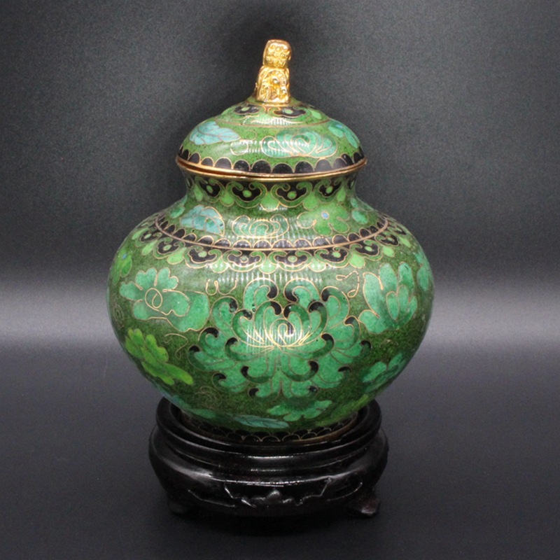 北京景泰蓝八十年代老货收藏传统铜胎掐丝珐琅摆件磨光小狮顶罐
