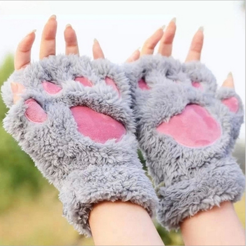 winter cute cartoon cat girl open finger cat‘s paw warm gloves thickened fluff hand-shaped brush half finger gloves