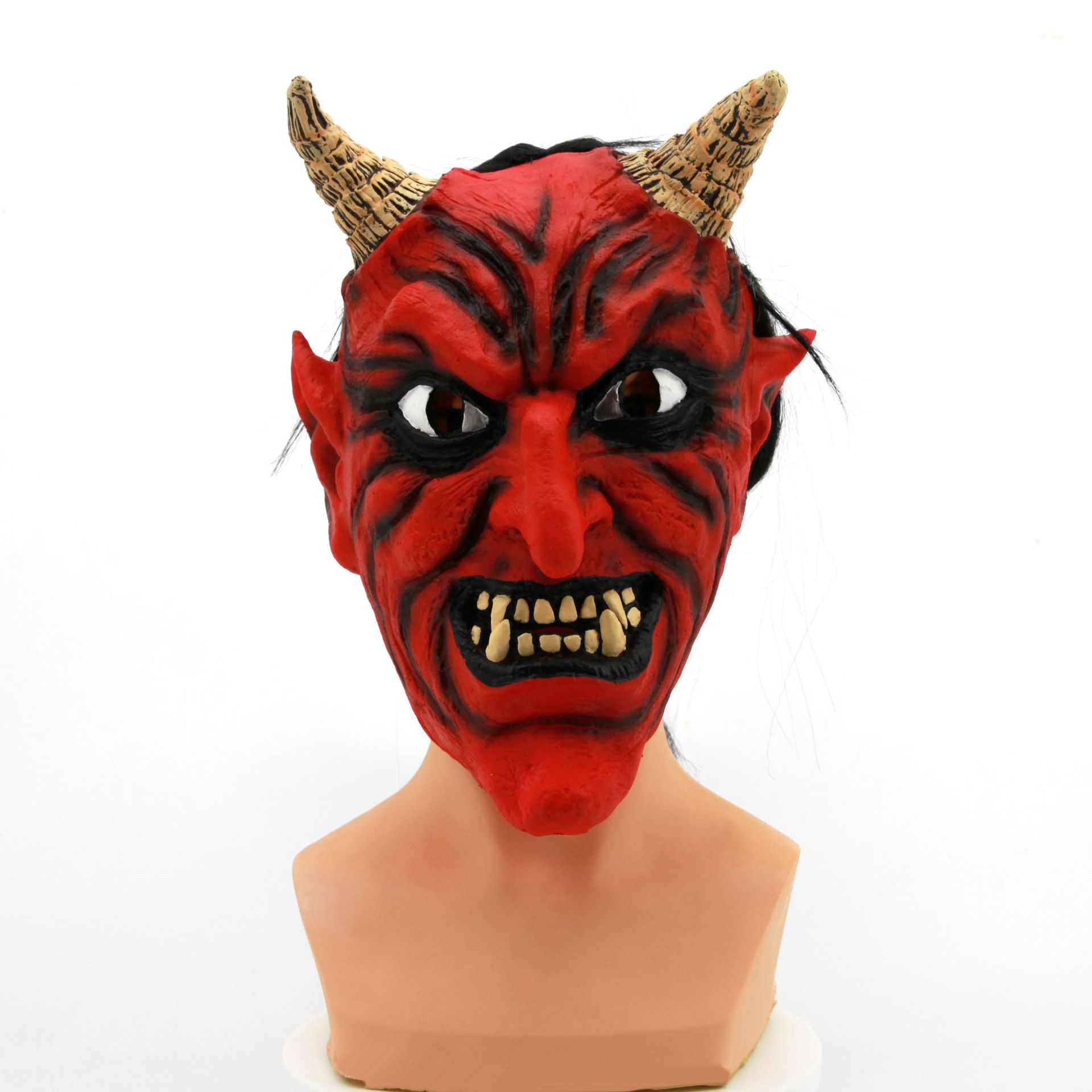 万圣节红色牛魔王面具恐怖红魔长发魔鬼乳胶面具外贸牛角面具