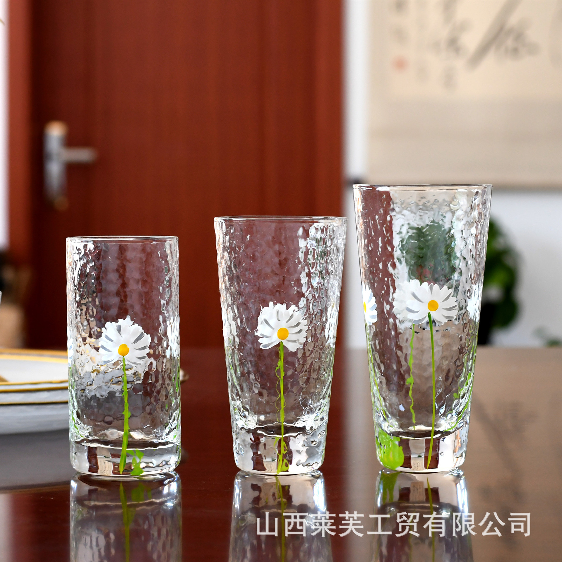 小清新日式手绘小雏菊锤纹杯草莓果汁杯小清新耐热玻璃杯晾水壶