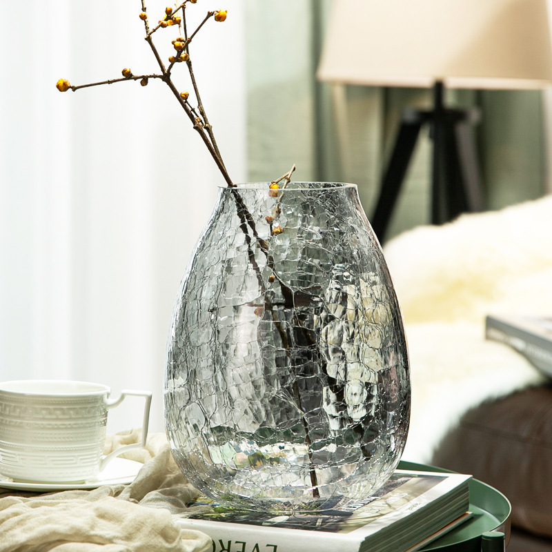 创意大号轻奢裂纹冰花玻璃花瓶琉光透明花器美式家居装饰插花摆件