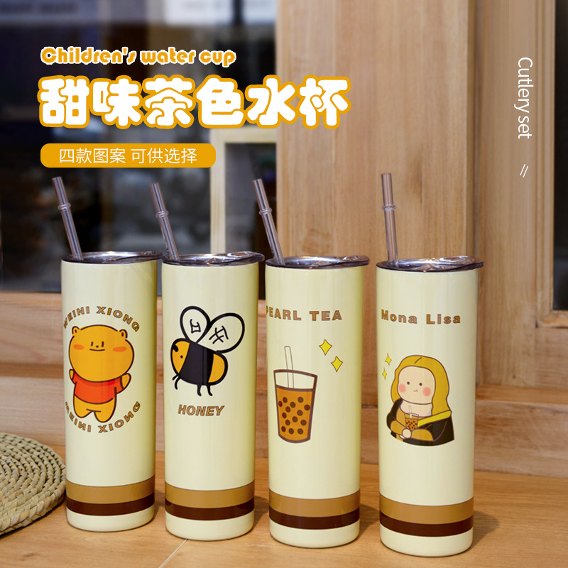 Wholesale Double-Layer Stainless Steel Coffee Thermos Cup 20Oz Tumbler Cup Creative Milk Tea Cup with Straw Customization