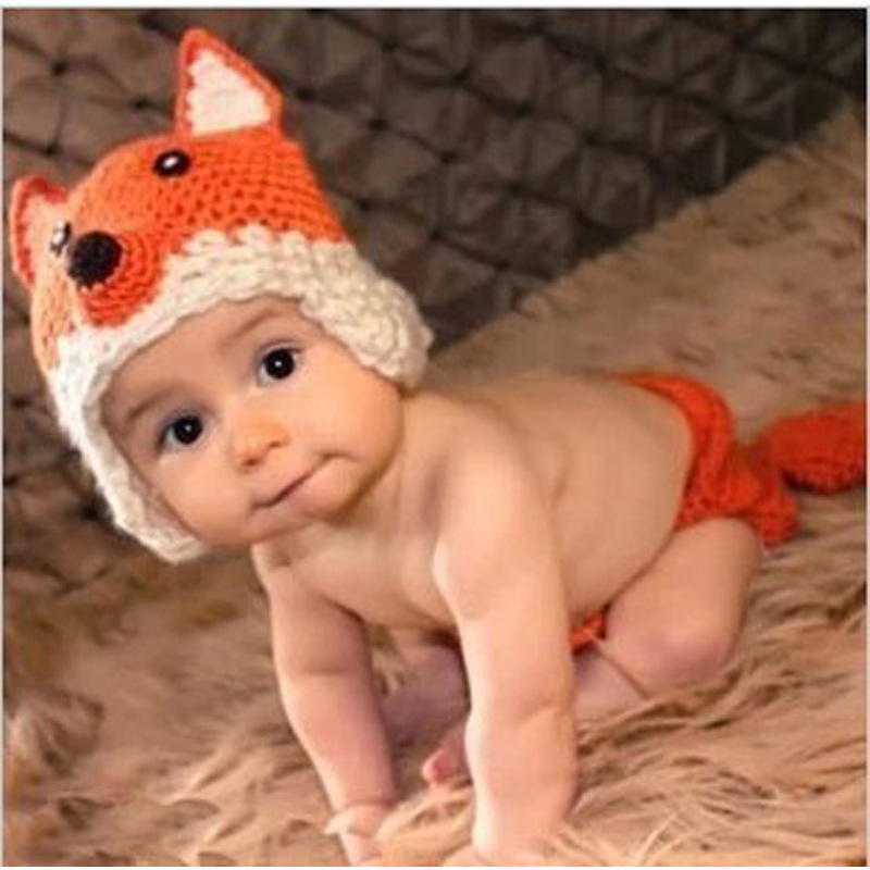 新生婴儿摄影服 手工针织毛线百搭宝宝拍照道具狐狸短裤两件套