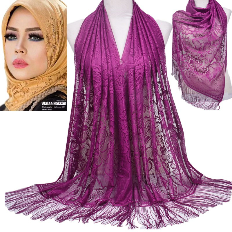 Muslim Scarf Veil Solid Color Lace Hollow Tassel Silk Scarf Women's Summer Malaysia Long Scarf Shawl